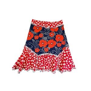 Odille Anthropologie Red Navy Floral Dot Ruffle 100% Cotton Skirt Size 8